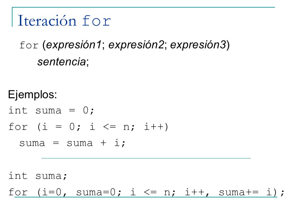 Iteración for for (expresión1; expresión2; expresión3) sentencia;