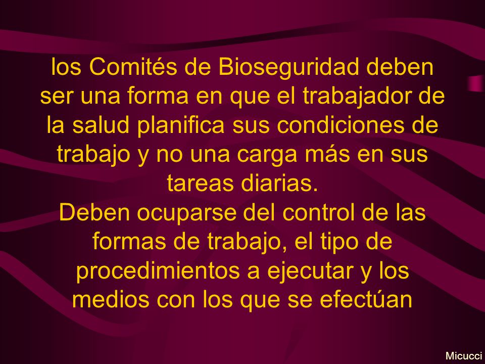 los Comités de Bioseguridad deben ser una forma en que el trabajador de la salud planifica sus condiciones de trabajo y no una carga más en sus tareas diarias. Deben ocuparse del control de las formas de trabajo, el tipo de procedimientos a ejecutar y los medios con los que se efectúan