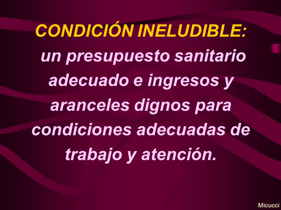 CONDICIÓN INELUDIBLE: un presupuesto sanitario adecuado e ingresos y aranceles dignos para condiciones adecuadas de trabajo y atención.