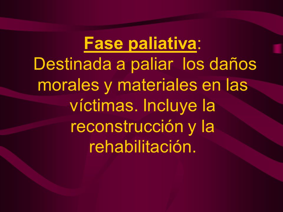 Fase paliativa: Destinada a paliar los daños morales y materiales en las víctimas.