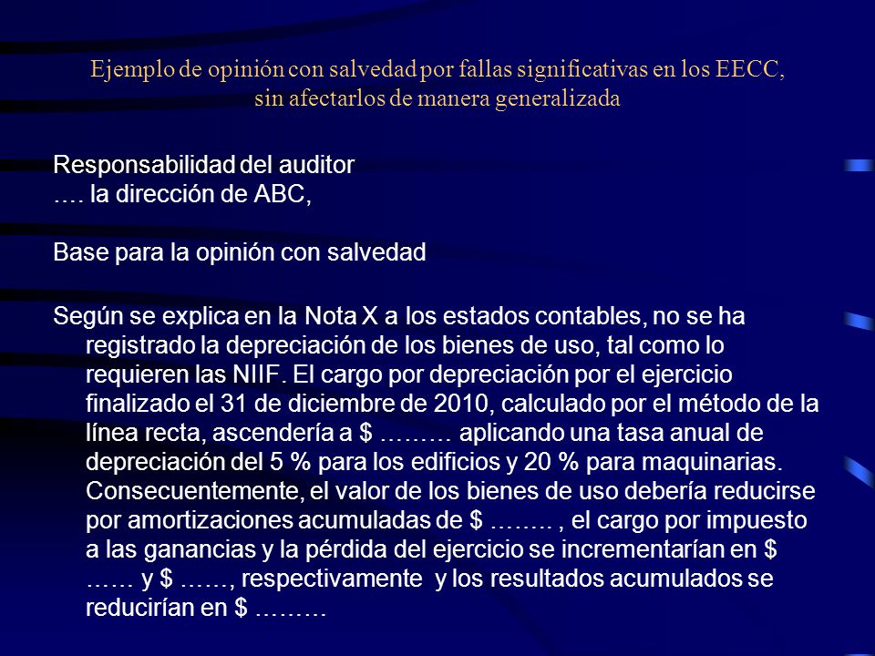 Ejemplo de opinión con salvedad por fallas significativas en los EECC, sin afectarlos de manera generalizada