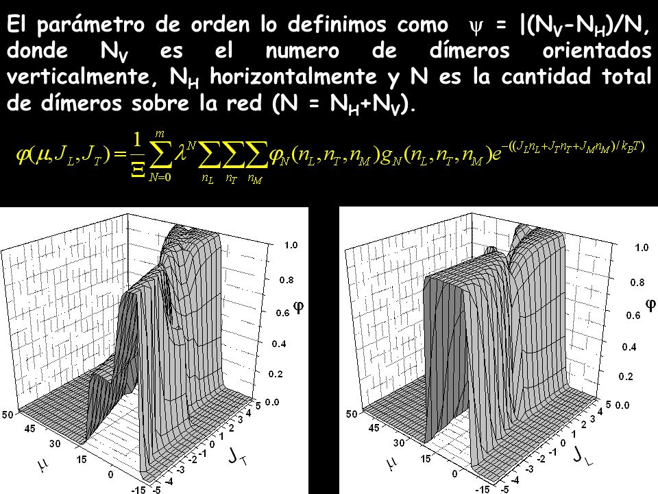 El parámetro de orden lo definimos como  = |(NV-NH)/N, donde NV es el numero de dímeros orientados verticalmente, NH horizontalmente y N es la cantidad total de dímeros sobre la red (N = NH+NV).