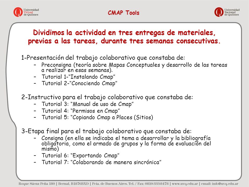CMAP Tools Dividimos la actividad en tres entregas de materiales, previas a las tareas, durante tres semanas consecutivas.