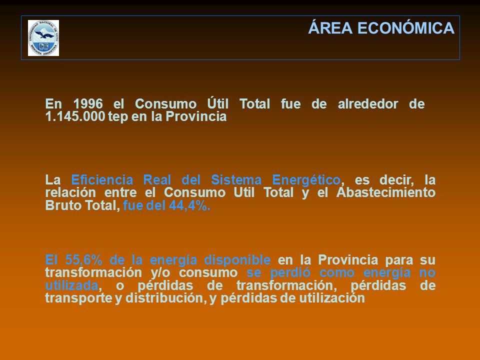 ÁREA ECONÓMICA En 1996 el Consumo Útil Total fue de alrededor de tep en la Provincia.