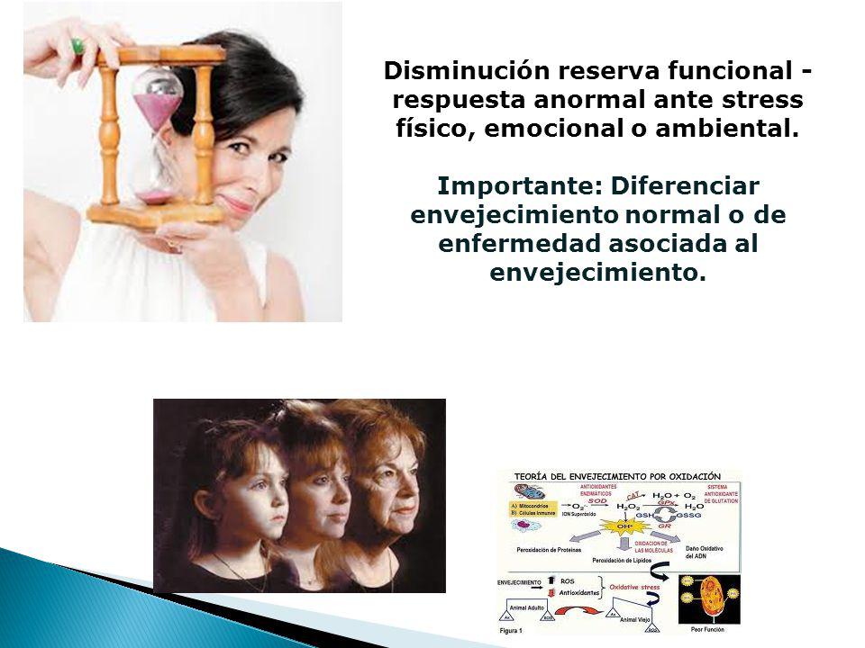Disminución reserva funcional - respuesta anormal ante stress físico, emocional o ambiental.