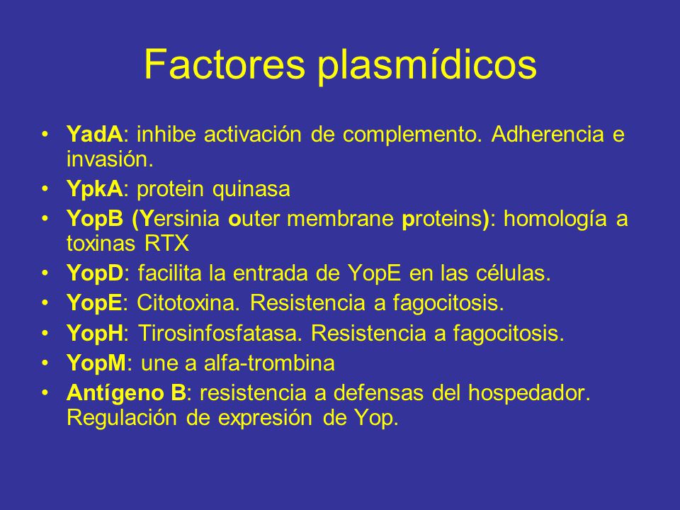 Factores plasmídicos YadA: inhibe activación de complemento. Adherencia e invasión. YpkA: protein quinasa.