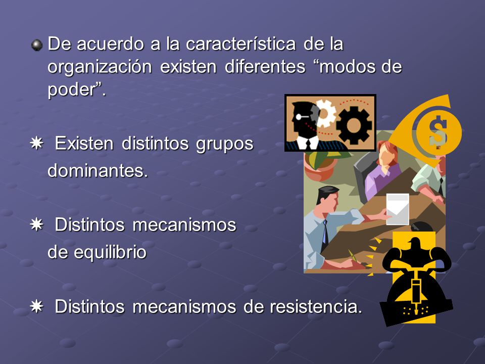 De acuerdo a la característica de la organización existen diferentes modos de poder .