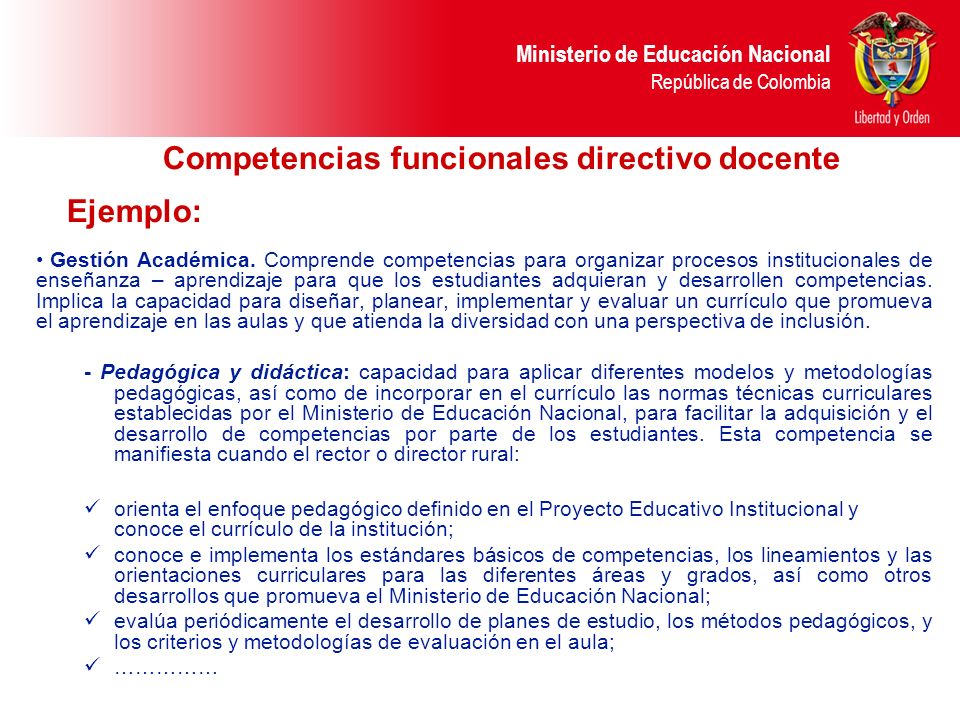 Competencias funcionales directivo docente Ejemplo: