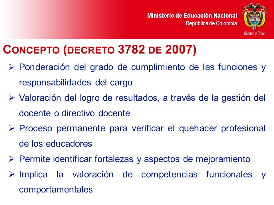 Concepto (decreto 3782 de 2007) Ponderación del grado de cumplimiento de las funciones y responsabilidades del cargo.