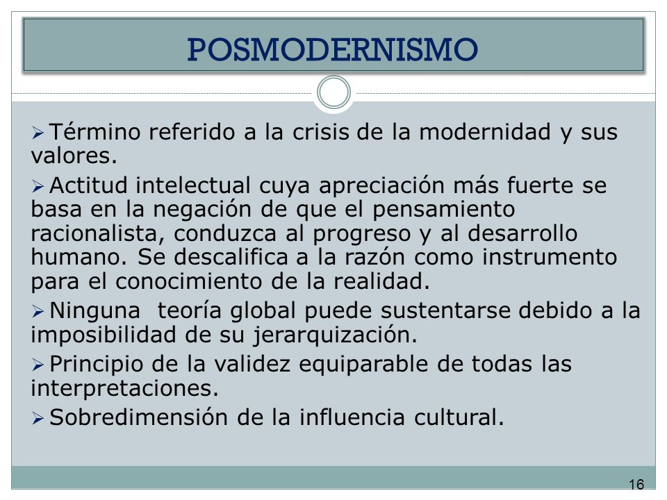 POSMODERNISMO Término referido a la crisis de la modernidad y sus valores.