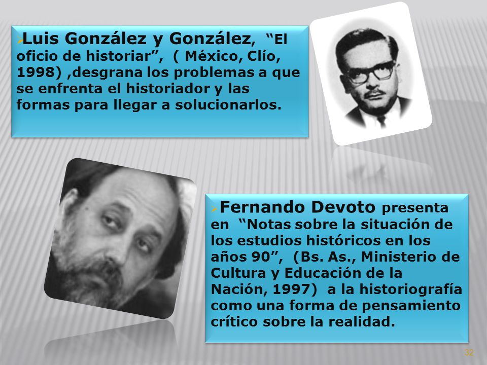 Luis González y González, El oficio de historiar , ( México, Clío, 1998) ,desgrana los problemas a que se enfrenta el historiador y las formas para llegar a solucionarlos.