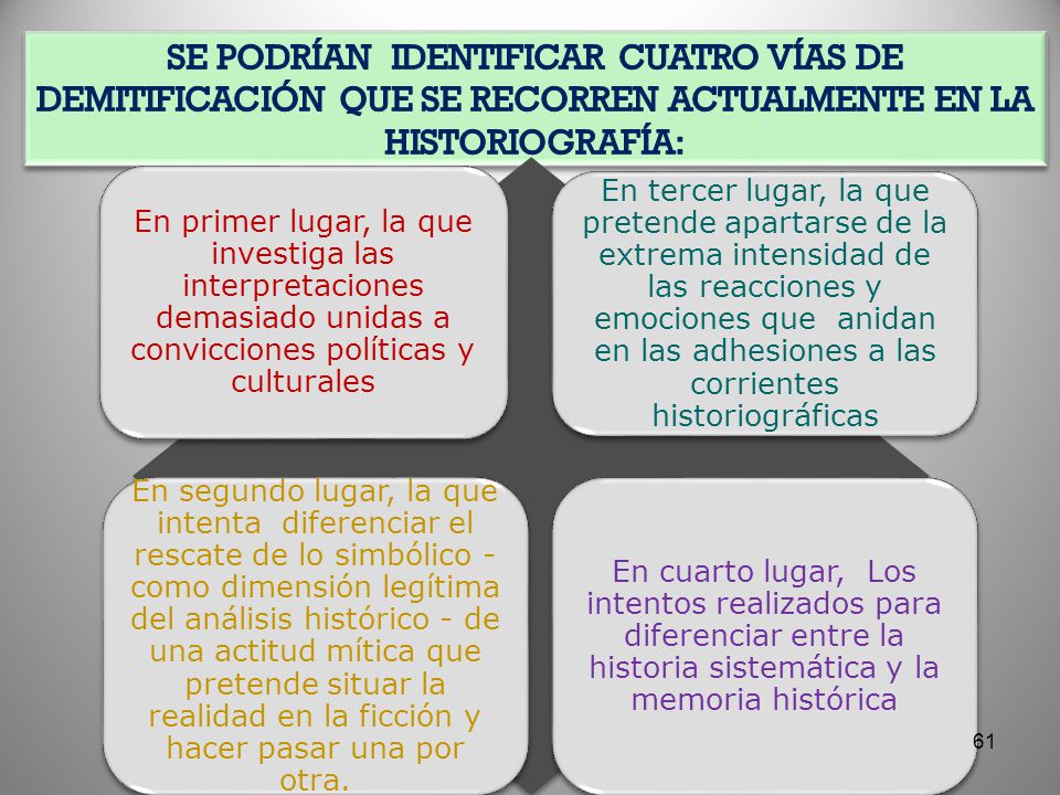 Se podrían identificar cuatro vías de demitificación que se recorren actualmente en la historiografía: