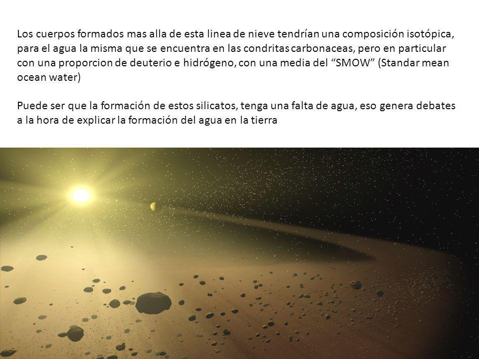 Los cuerpos formados mas alla de esta linea de nieve tendrían una composición isotópica, para el agua la misma que se encuentra en las condritas carbonaceas, pero en particular con una proporcion de deuterio e hidrógeno, con una media del SMOW (Standar mean ocean water)
