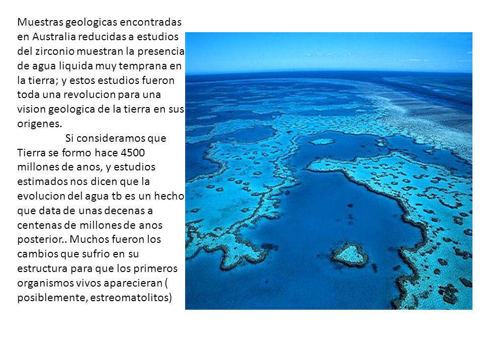 Muestras geologicas encontradas en Australia reducidas a estudios del zirconio muestran la presencia de agua liquida muy temprana en la tierra; y estos estudios fueron toda una revolucion para una vision geologica de la tierra en sus origenes.