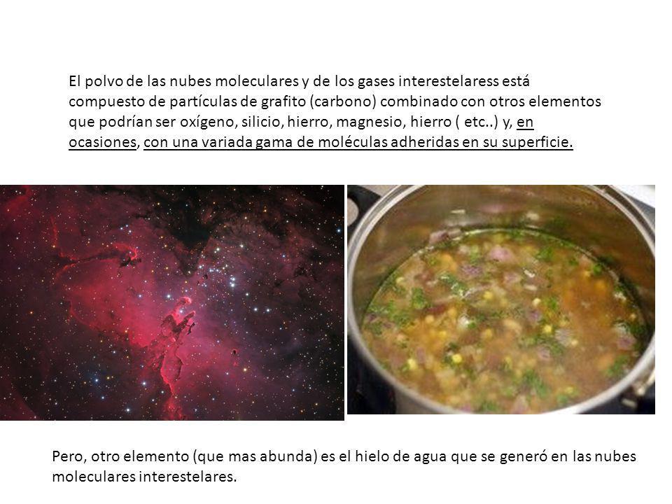 El polvo de las nubes moleculares y de los gases interestelaress está compuesto de partículas de grafito (carbono) combinado con otros elementos que podrían ser oxígeno, silicio, hierro, magnesio, hierro ( etc..) y, en ocasiones, con una variada gama de moléculas adheridas en su superficie.