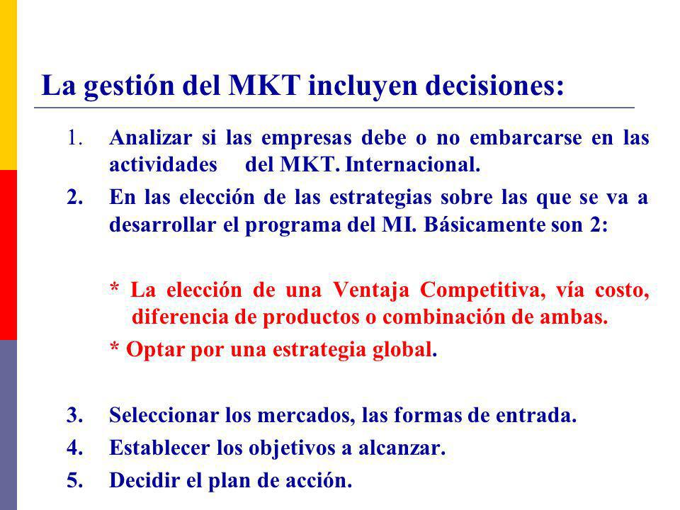 La gestión del MKT incluyen decisiones: