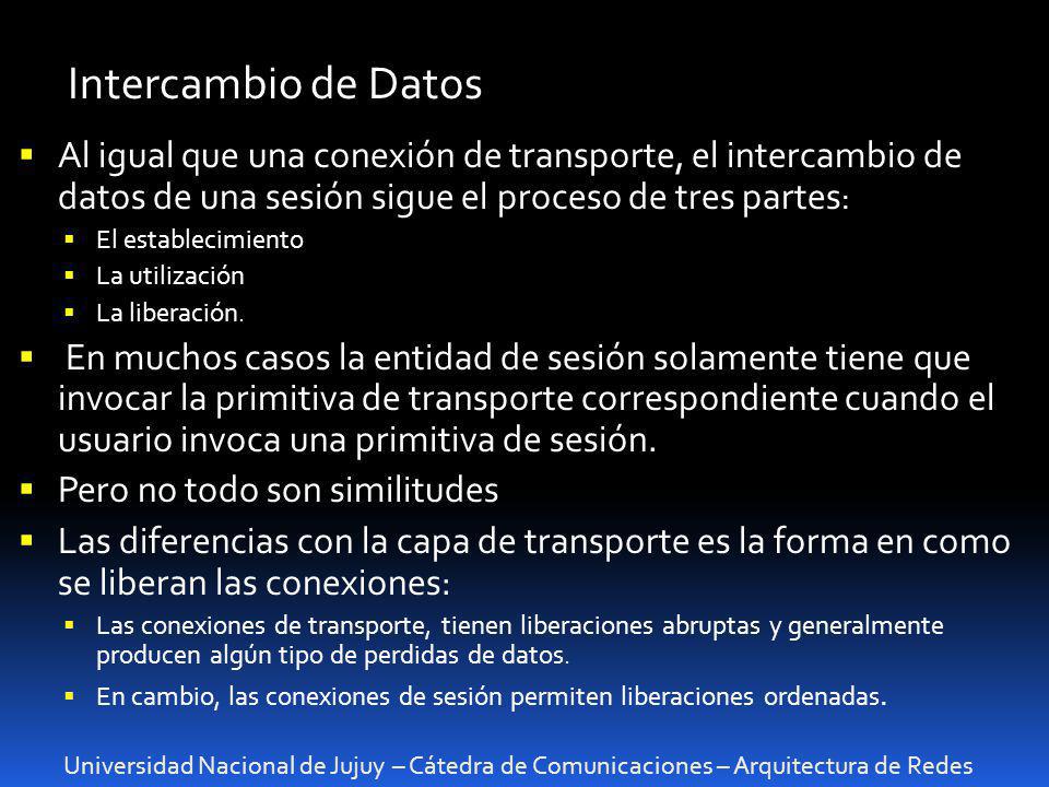 Intercambio de Datos Al igual que una conexión de transporte, el intercambio de datos de una sesión sigue el proceso de tres partes:
