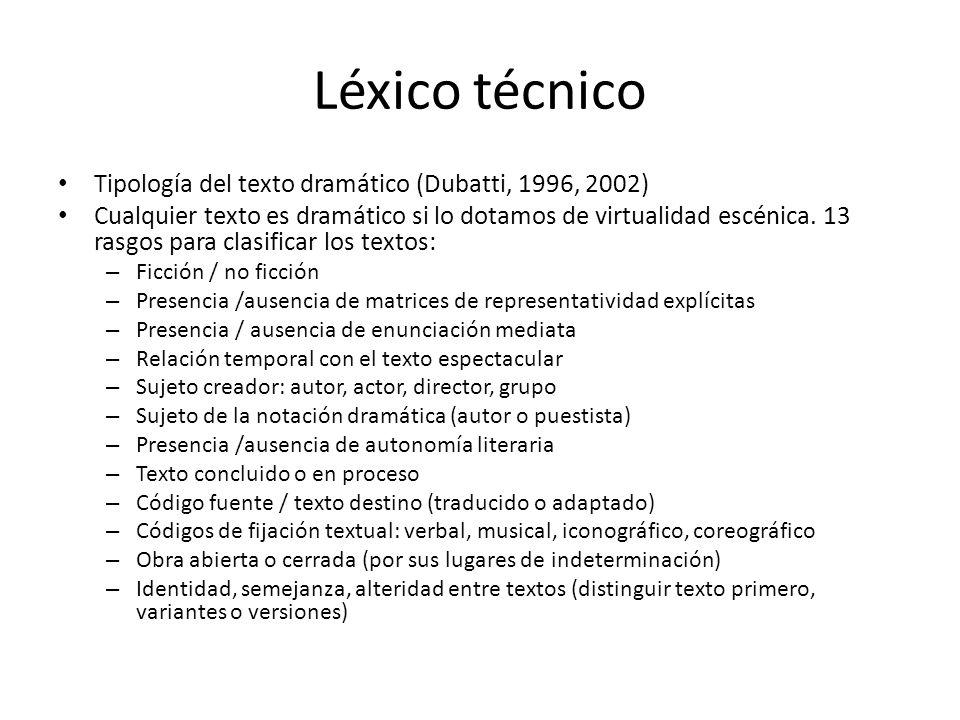 Léxico técnico Tipología del texto dramático (Dubatti, 1996, 2002)
