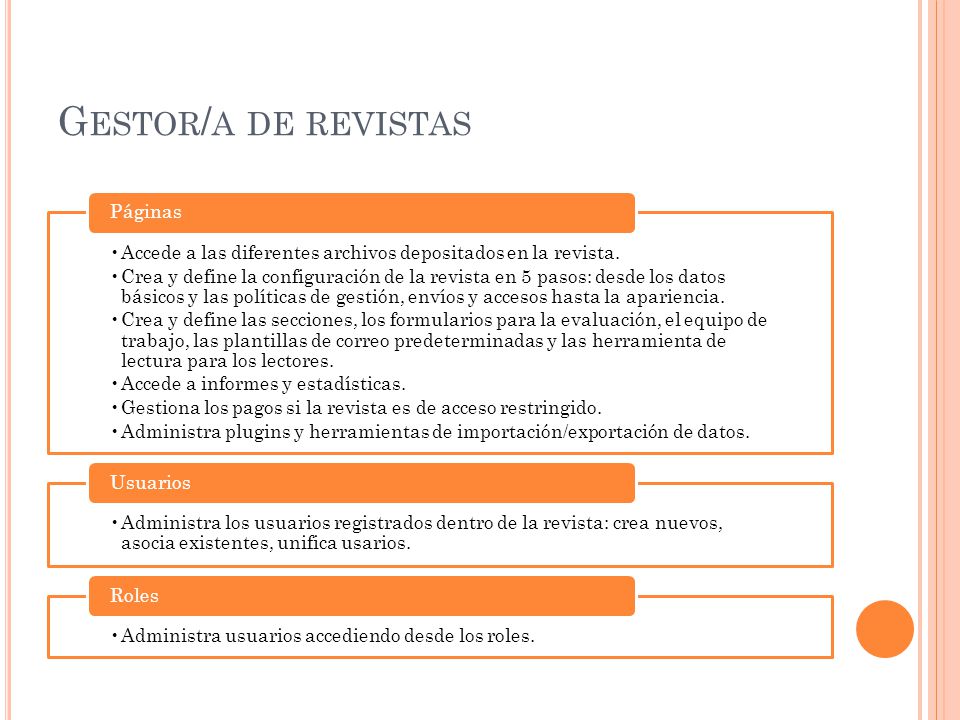 Gestor/a de revistas Accede a las diferentes archivos depositados en la revista.