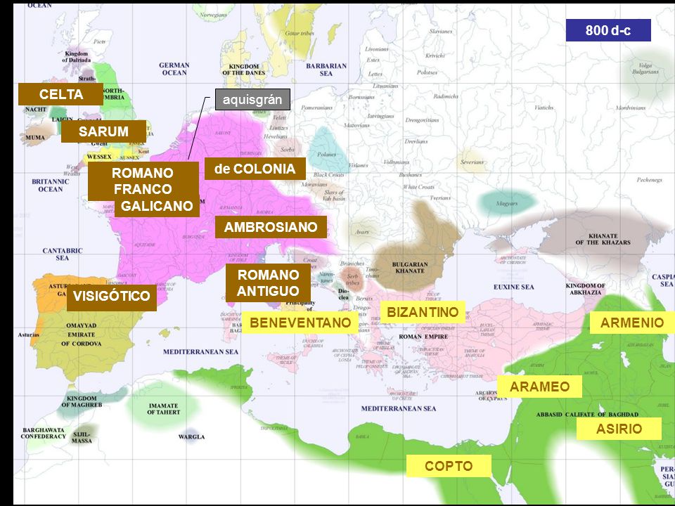 800 d-c CELTA. aquisgrán. SARUM. ROMANO FRANCO. de COLONIA. GREGORIANO. GALICANO. AMBROSIANO.