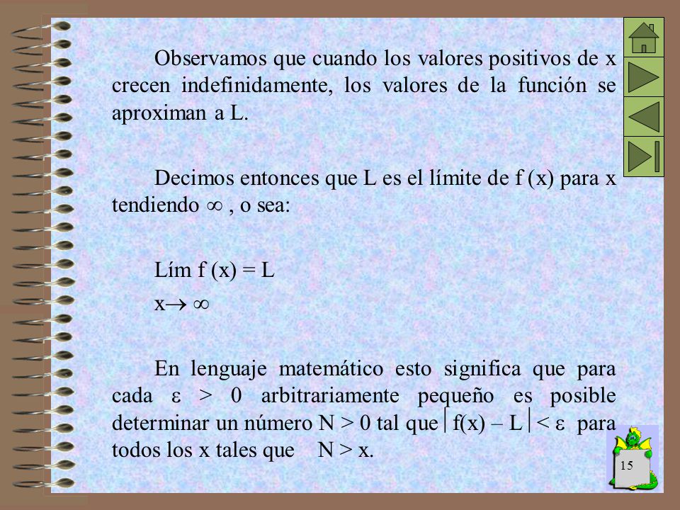 Observamos que cuando los valores positivos de x crecen indefinidamente, los valores de la función se aproximan a L.