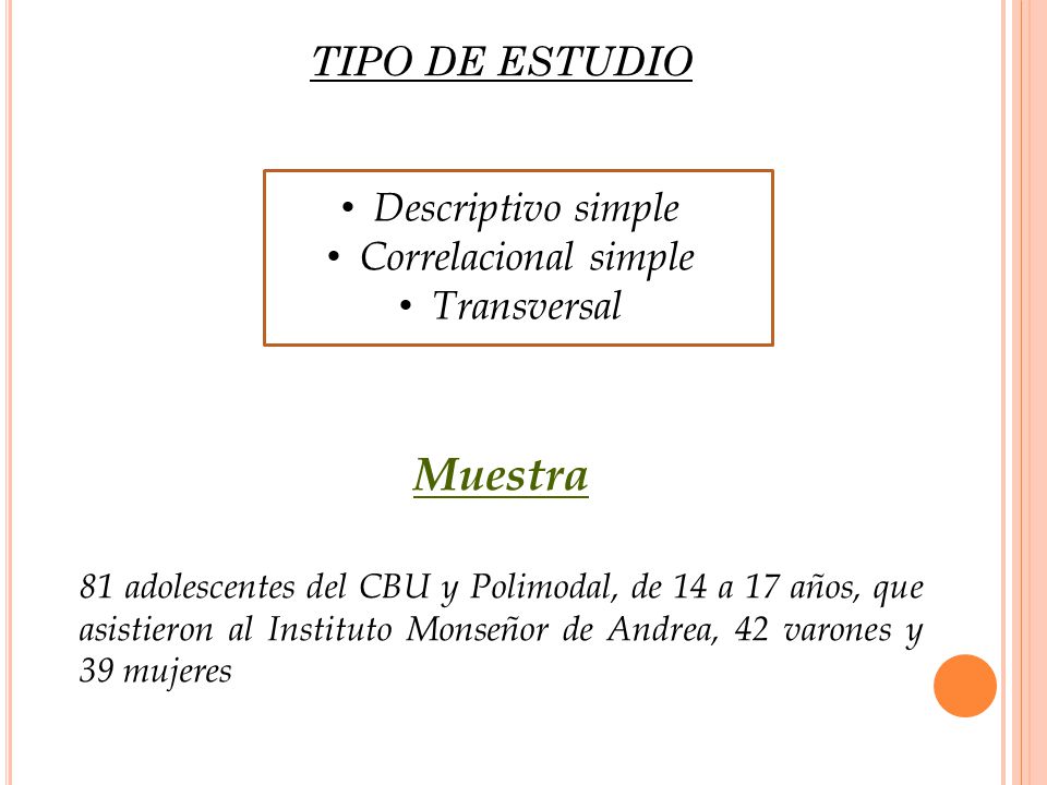Muestra TIPO DE ESTUDIO Descriptivo simple Correlacional simple