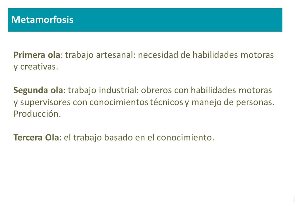 Metamorfosis Primera ola: trabajo artesanal: necesidad de habilidades motoras y creativas.