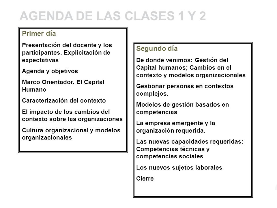 AGENDA DE LAS CLASES 1 Y 2 Primer día Segundo día