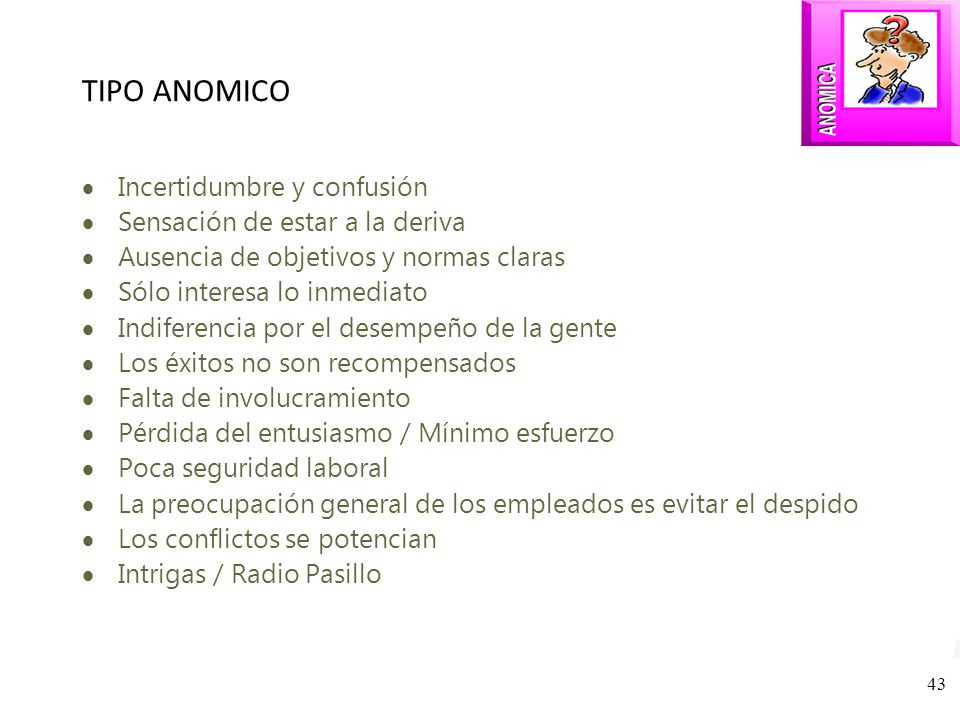 TIPO ANOMICO Incertidumbre y confusión Sensación de estar a la deriva