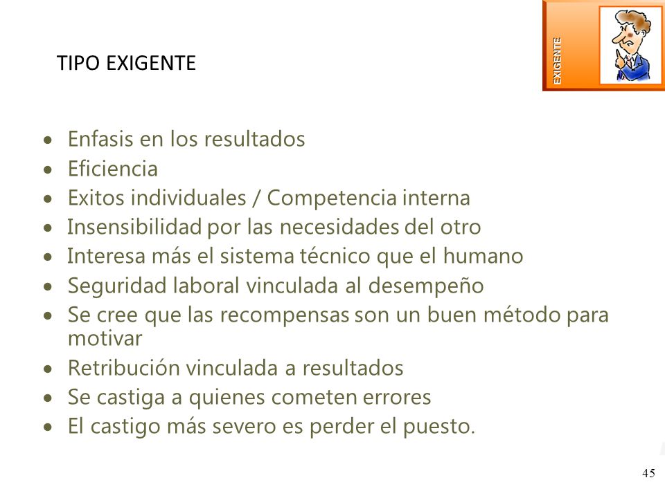 TIPO EXIGENTE Enfasis en los resultados Eficiencia
