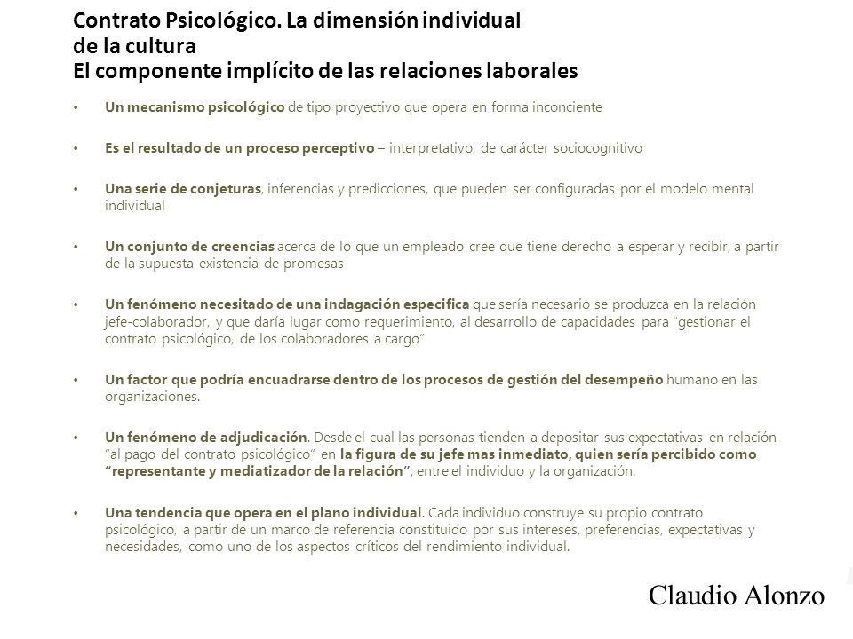 Contrato Psicológico. La dimensión individual de la cultura El componente implícito de las relaciones laborales