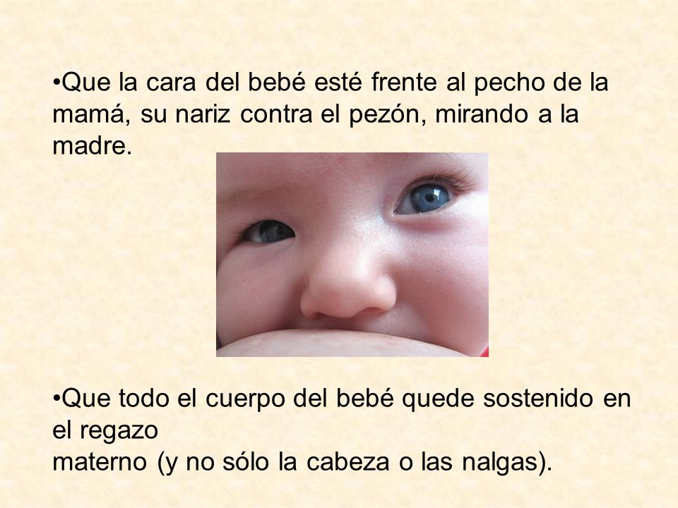 Que la cara del bebé esté frente al pecho de la mamá, su nariz contra el pezón, mirando a la madre.