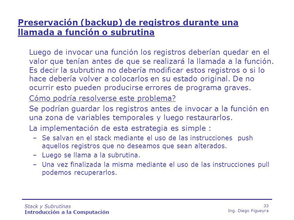 Preservación (backup) de registros durante una llamada a función o subrutina