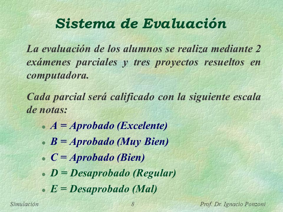 Sistema de Evaluación La evaluación de los alumnos se realiza mediante 2 exámenes parciales y tres proyectos resueltos en computadora.