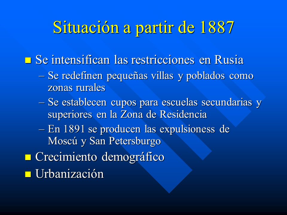 Situación a partir de 1887 Se intensifican las restricciones en Rusia