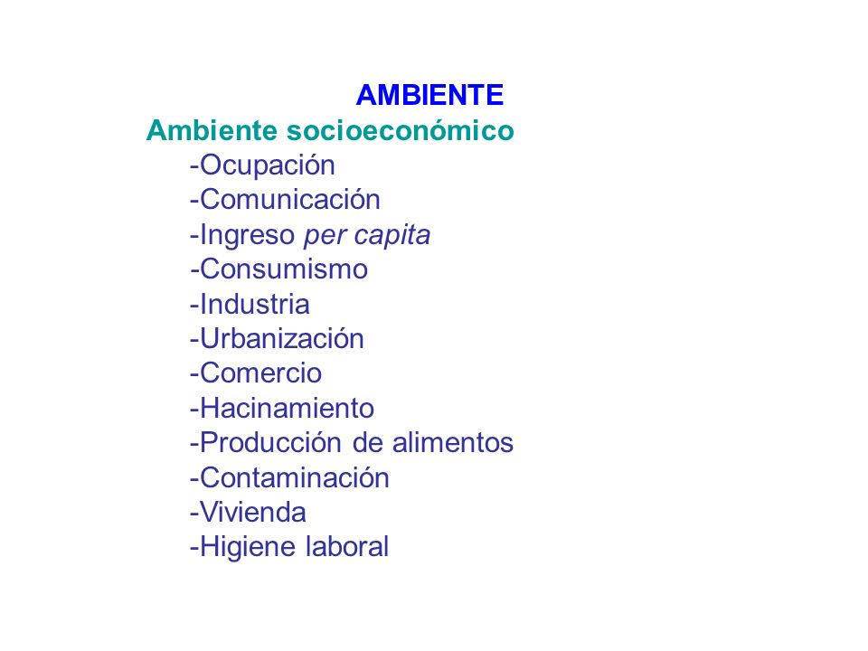 AMBIENTE Ambiente socioeconómico. -Ocupación. -Comunicación. -Ingreso per capita. -Consumismo. -Industria.