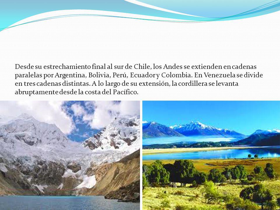 Desde su estrechamiento final al sur de Chile, los Andes se extienden en cadenas paralelas por Argentina, Bolivia, Perú, Ecuador y Colombia.