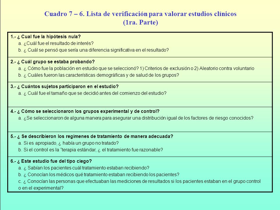 Cuadro 7 – 6. Lista de verificación para valorar estudios clínicos (1ra. Parte)
