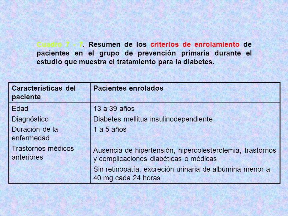 Cuadro Resumen de los criterios de enrolamiento de pacientes en el grupo de prevención primaria durante el estudio que muestra el tratamiento para la diabetes.