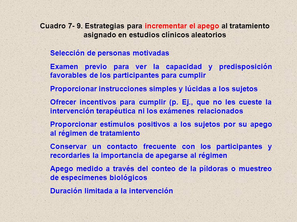 Cuadro Estrategias para incrementar el apego al tratamiento asignado en estudios clínicos aleatorios