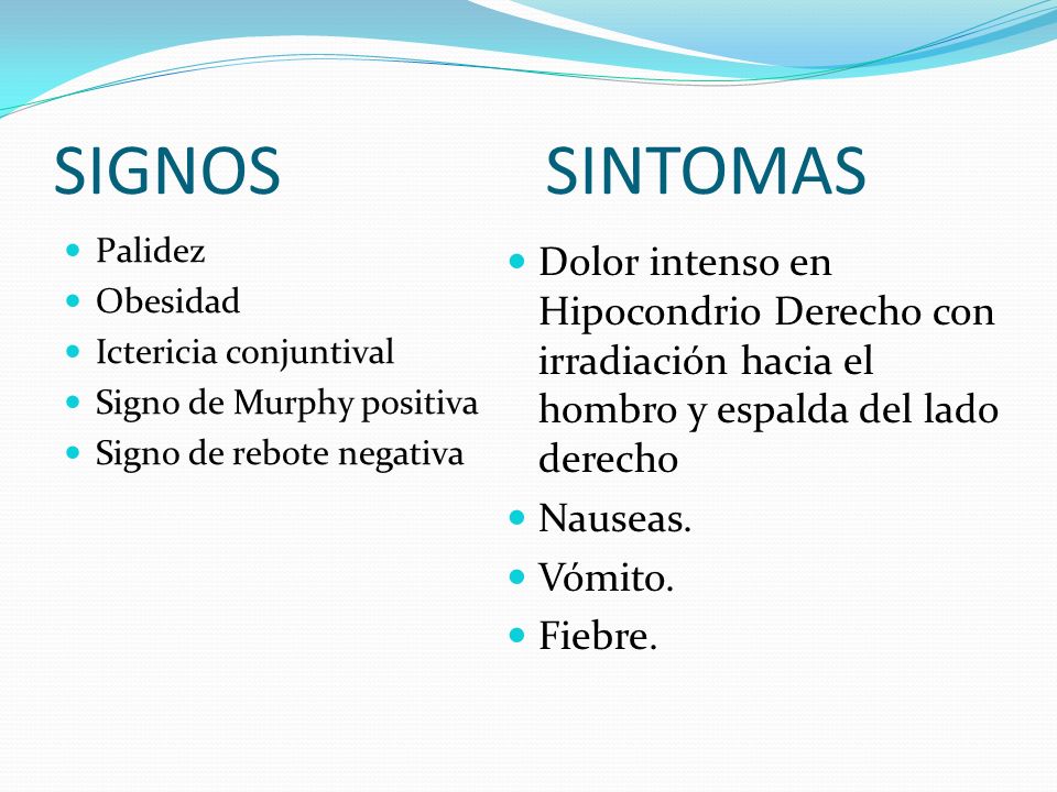 SIGNOS SINTOMAS Palidez. Obesidad. Ictericia conjuntival. Signo de Murphy positiva.