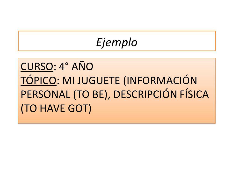 Ejemplo CURSO: 4° año TÓPICO: mi juguete (información personal (to be), descripción física (to have got)