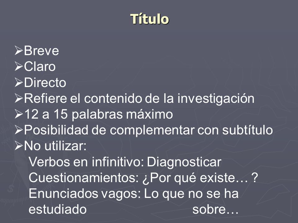 Título Breve. Claro. Directo. Refiere el contenido de la investigación. 12 a 15 palabras máximo.