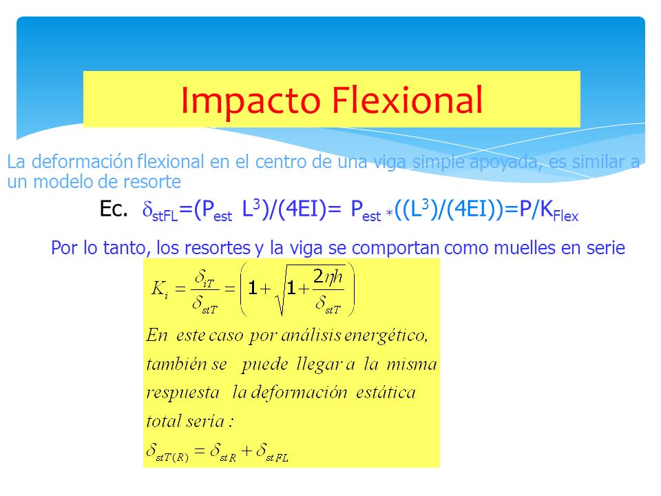 Impacto Flexional La deformación flexional en el centro de una viga simple apoyada, es similar a un modelo de resorte.