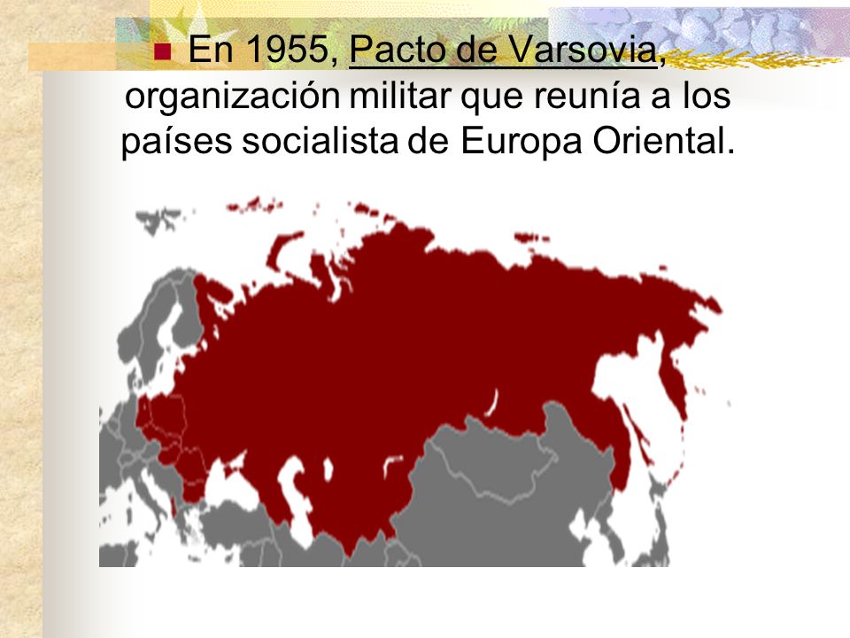 En 1955, Pacto de Varsovia, organización militar que reunía a los países socialista de Europa Oriental.