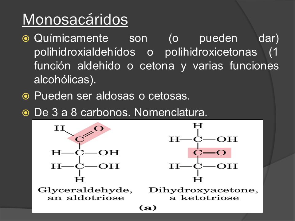 Monosacáridos Químicamente son (o pueden dar) polihidroxialdehídos o polihidroxicetonas (1 función aldehido o cetona y varias funciones alcohólicas).