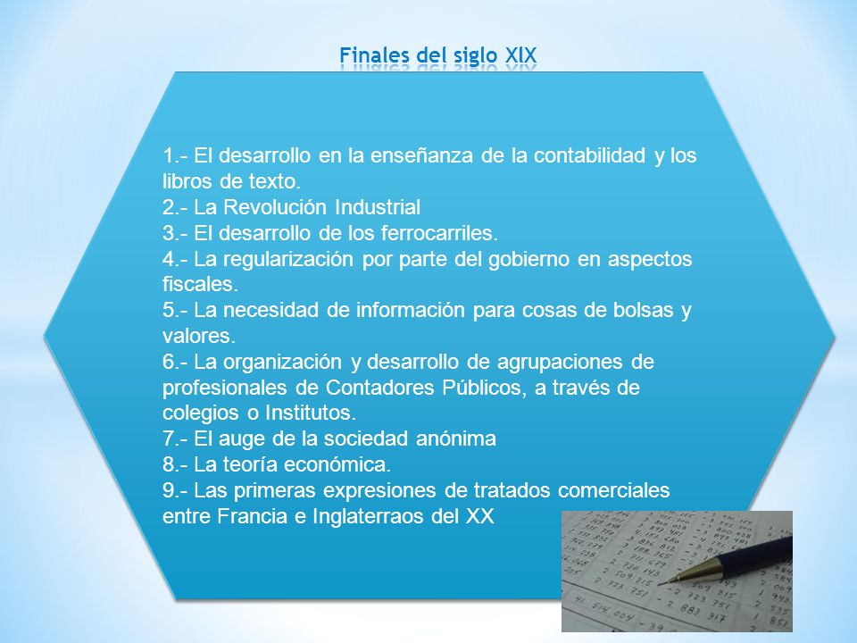 Finales del siglo XlX 1.- El desarrollo en la enseñanza de la contabilidad y los libros de texto. 2.- La Revolución Industrial.