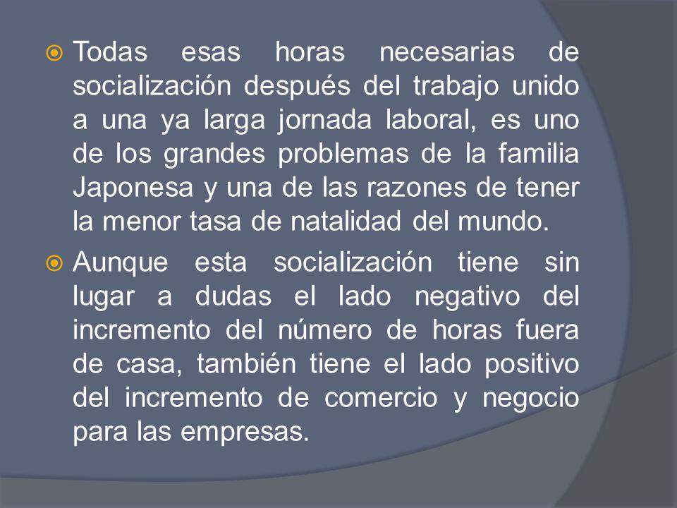 Todas esas horas necesarias de socialización después del trabajo unido a una ya larga jornada laboral, es uno de los grandes problemas de la familia Japonesa y una de las razones de tener la menor tasa de natalidad del mundo.