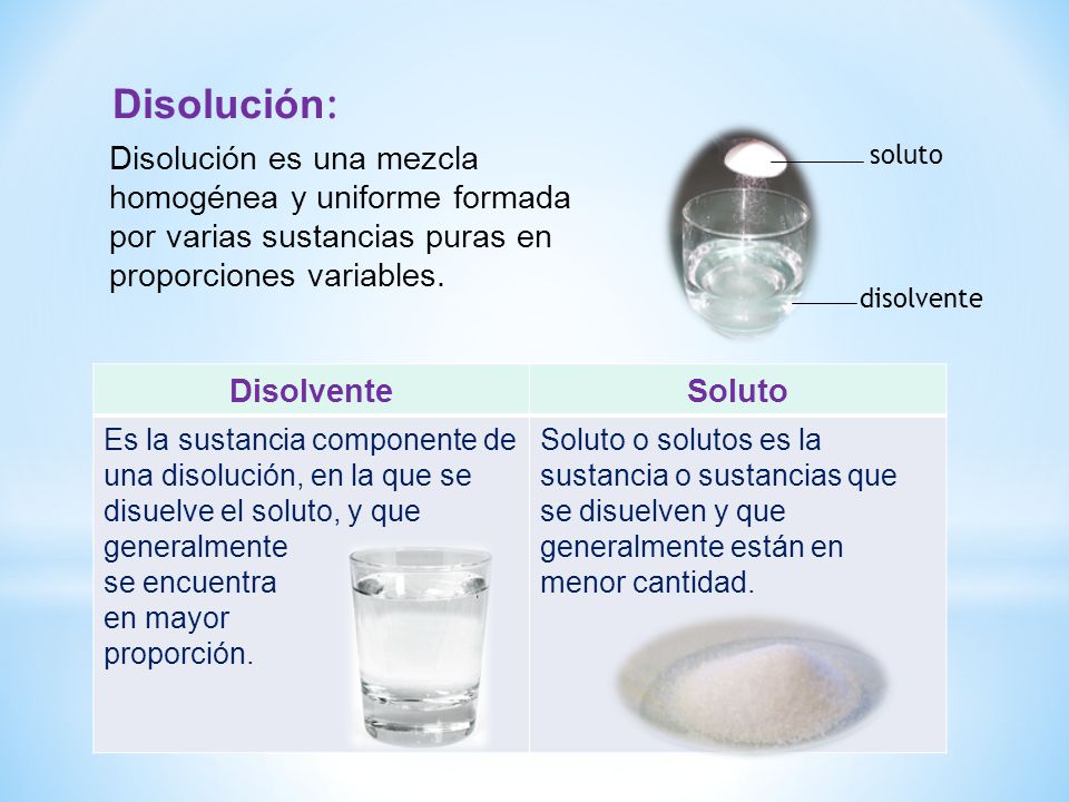 Disolución: Disolución es una mezcla homogénea y uniforme formada por varias sustancias puras en proporciones variables.