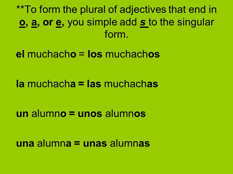 **To form the plural of adjectives that end in o, a, or e, you simple add s to the singular form.